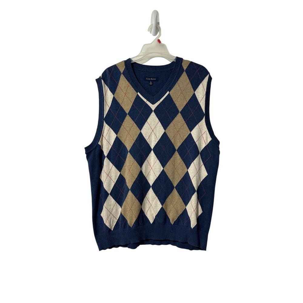 Club Room Sweater Vest Mens Blue Argyle V-Neck 100% Cotton Sleeveless XL Preppu